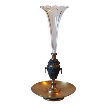 French antique crystal bronze and brass cornet soliflore vase from the early 1920s.