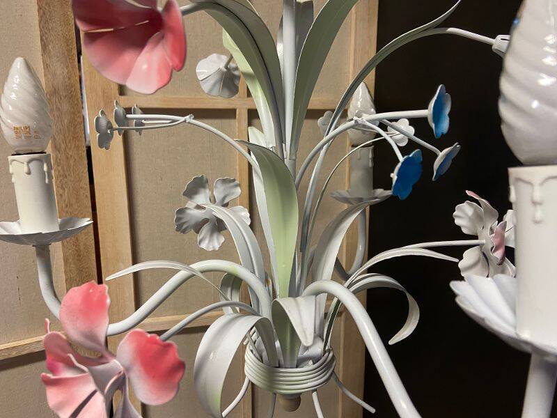 Antique florentine ceiling chandelier floral bouquet design 1970 decorative art sheet metal