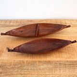 Set Of Two Vintage Teak Canoe Trays, African Hand Carved Hardwood Dishes