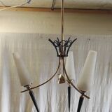 Modernist chandelier with 3 lights in gold and black metal, opaline tulip - 50s