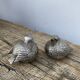 Duo of salt shaker and pepper in the shape of a bird in silver metal and its basket