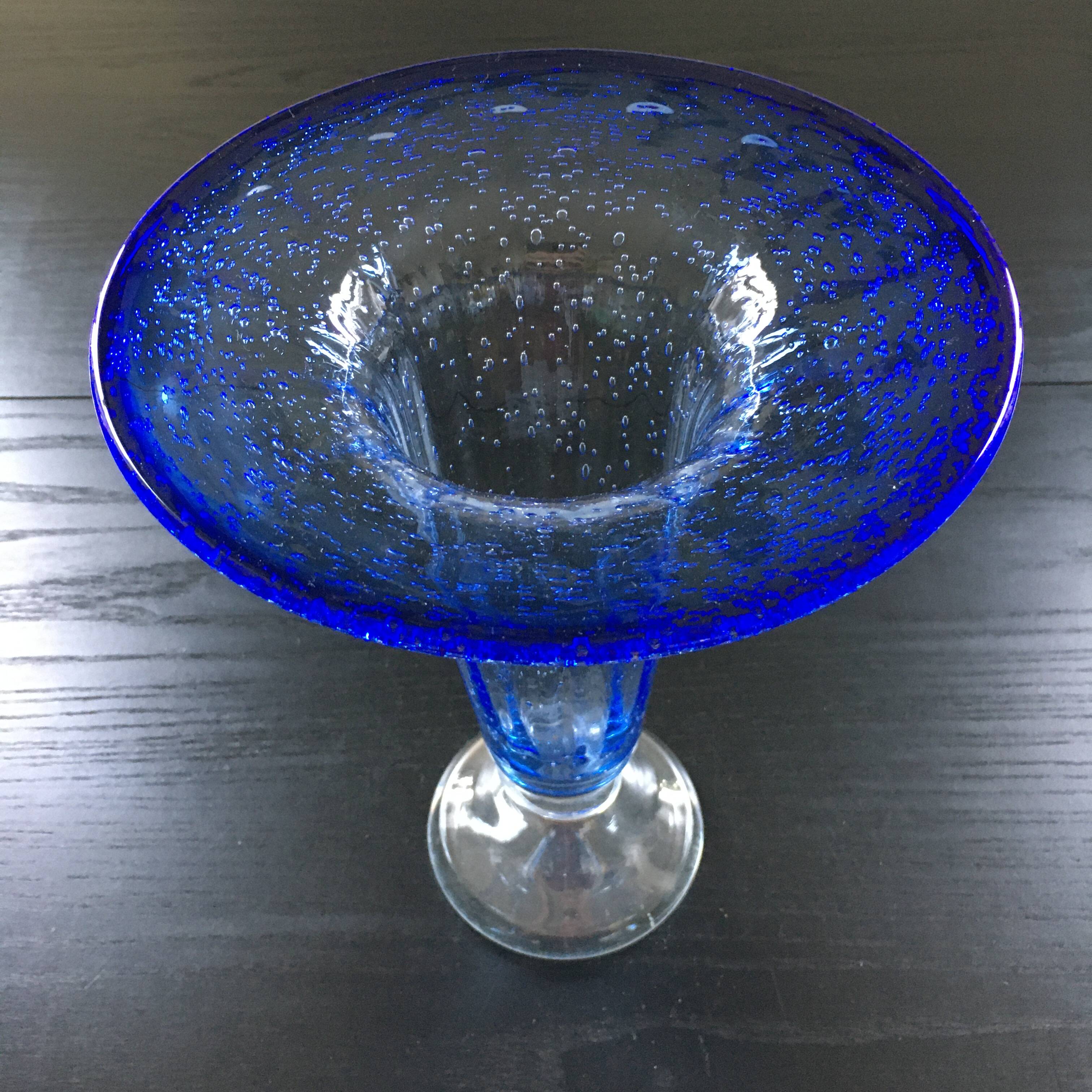 Large blue bubble glass vase