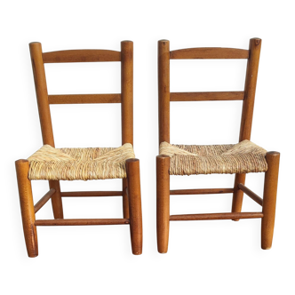 Pair of vintage wooden and straw children's chairs – Rustic style