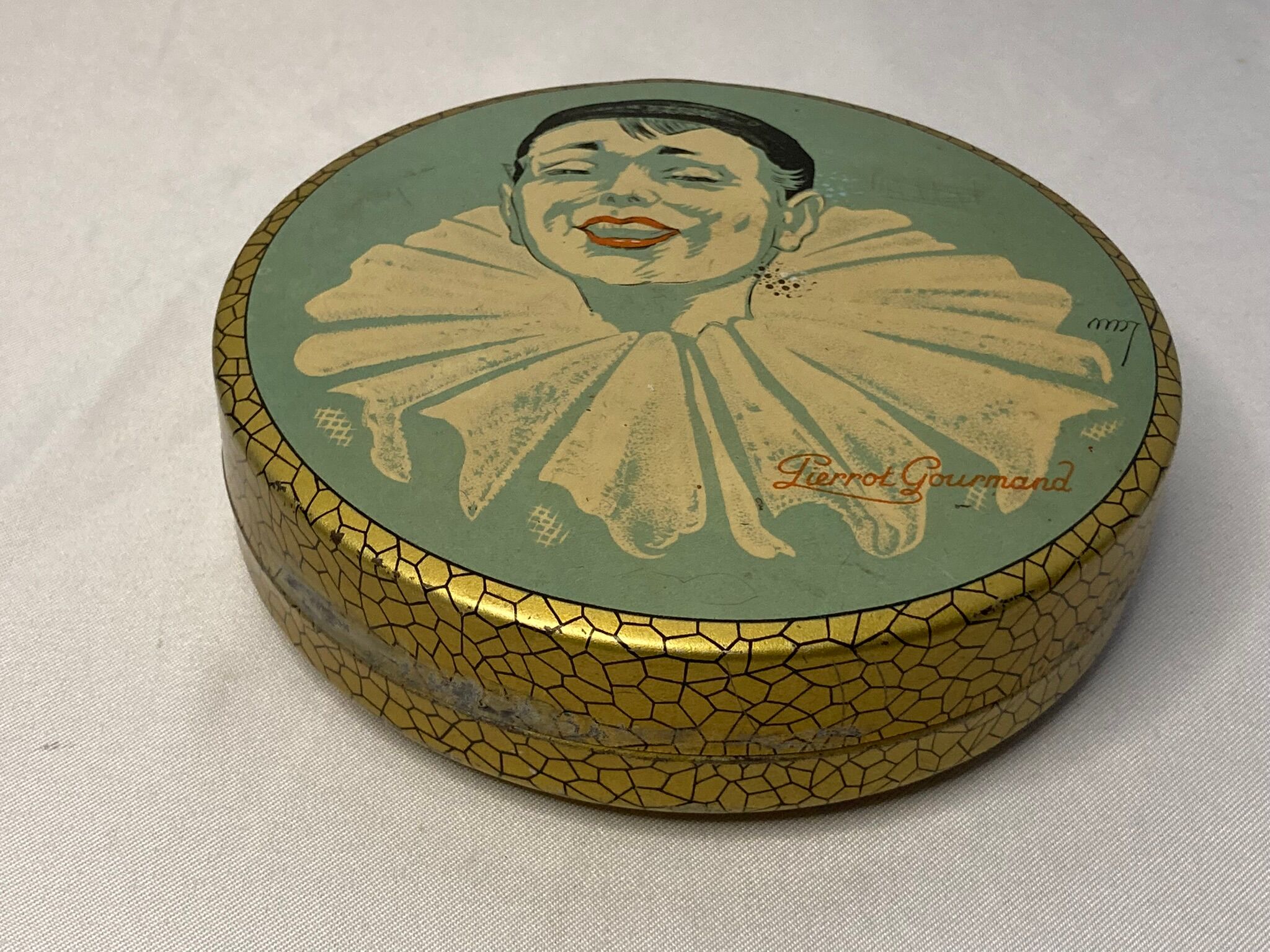 Metal box Pierrot Gourmand signed around 1930