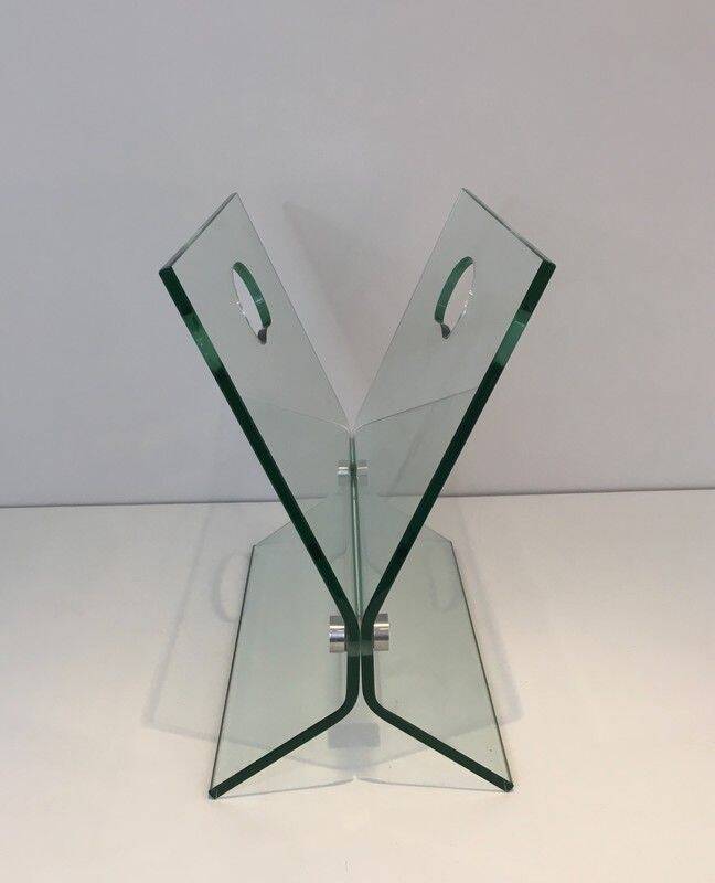 Designer magazine rack in glass and brushed steel