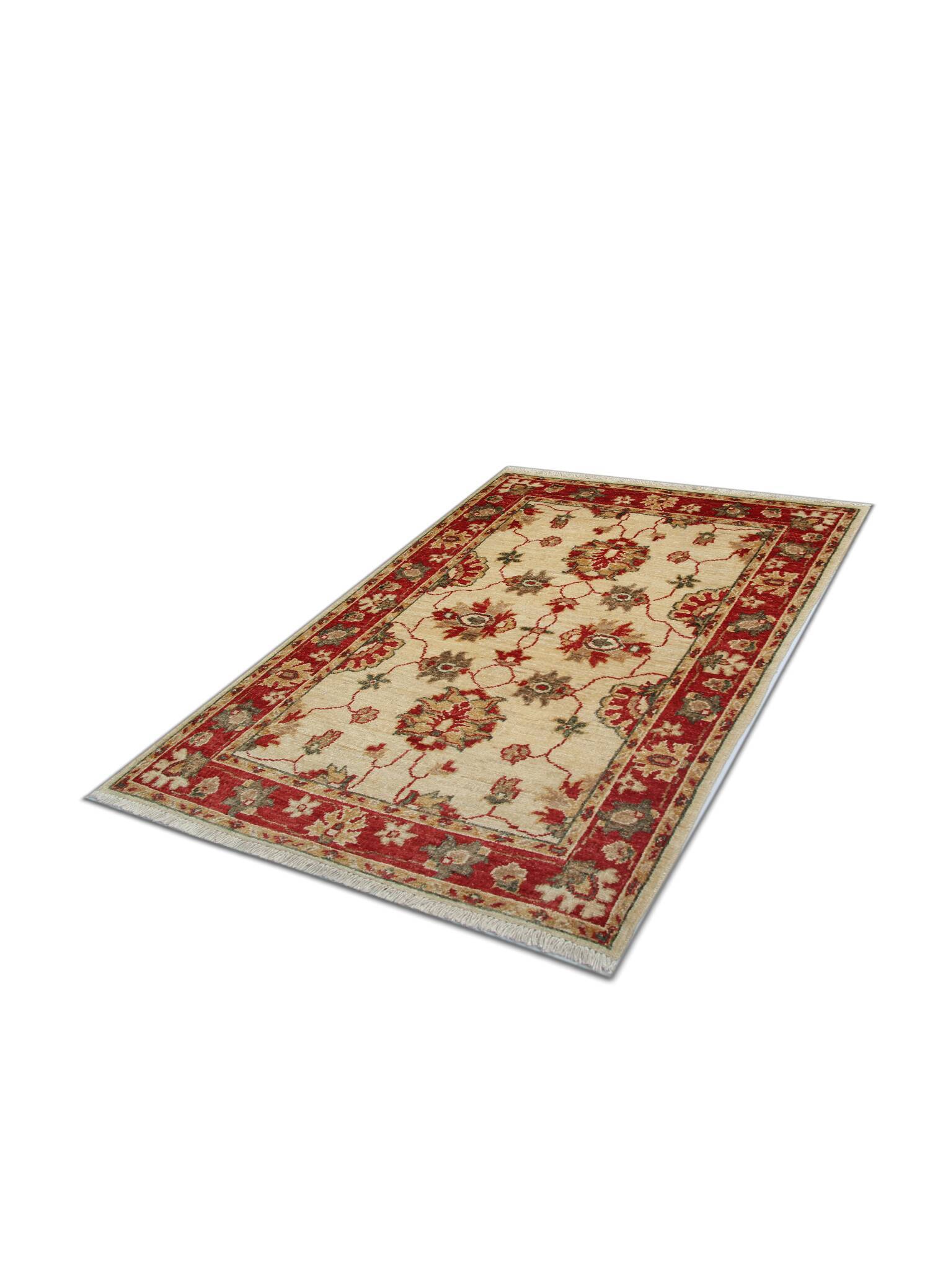 Traditional Cream Wool Rug, Small Red Floral Oriental Carpet 86x123 cm