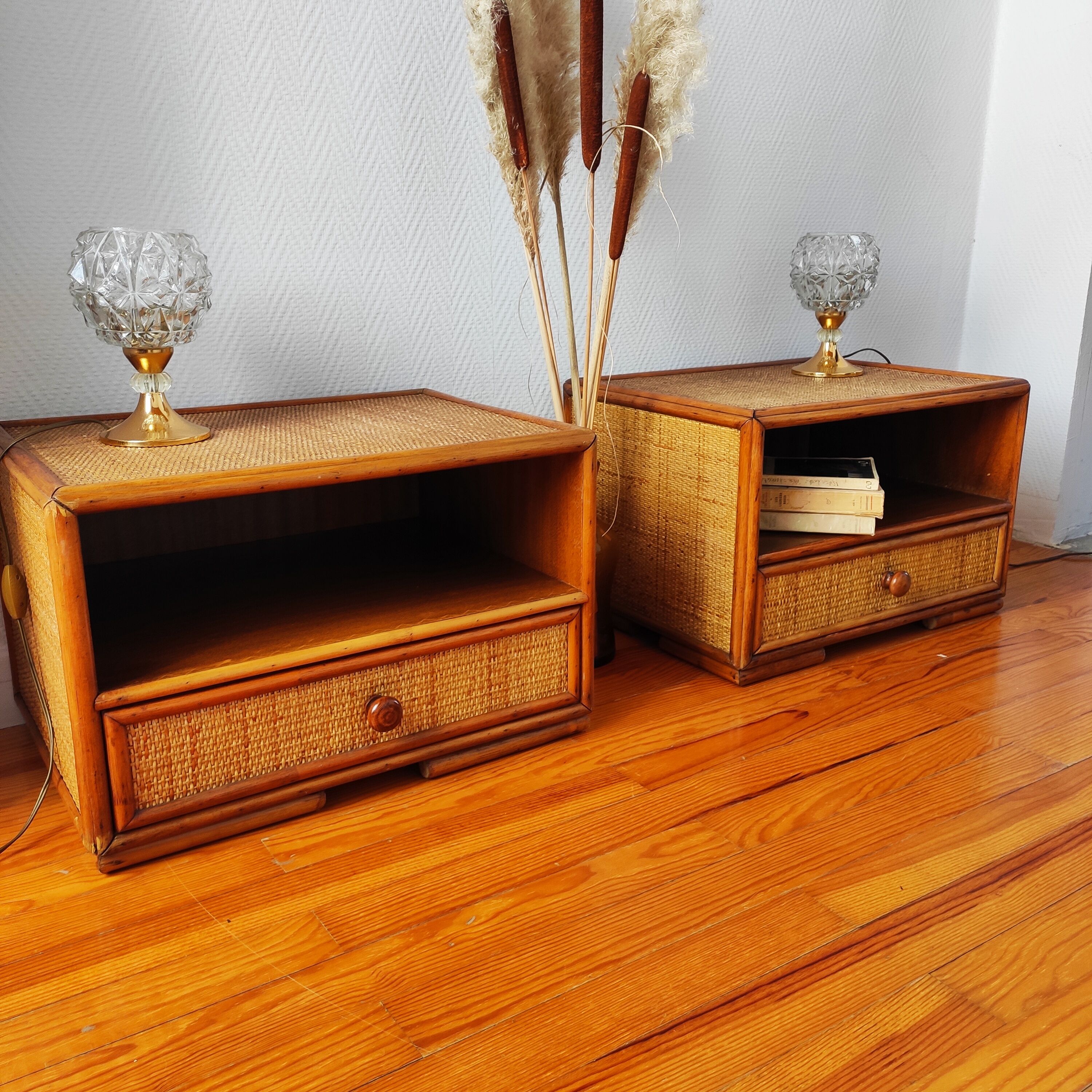 Pair of rattan bedside tables