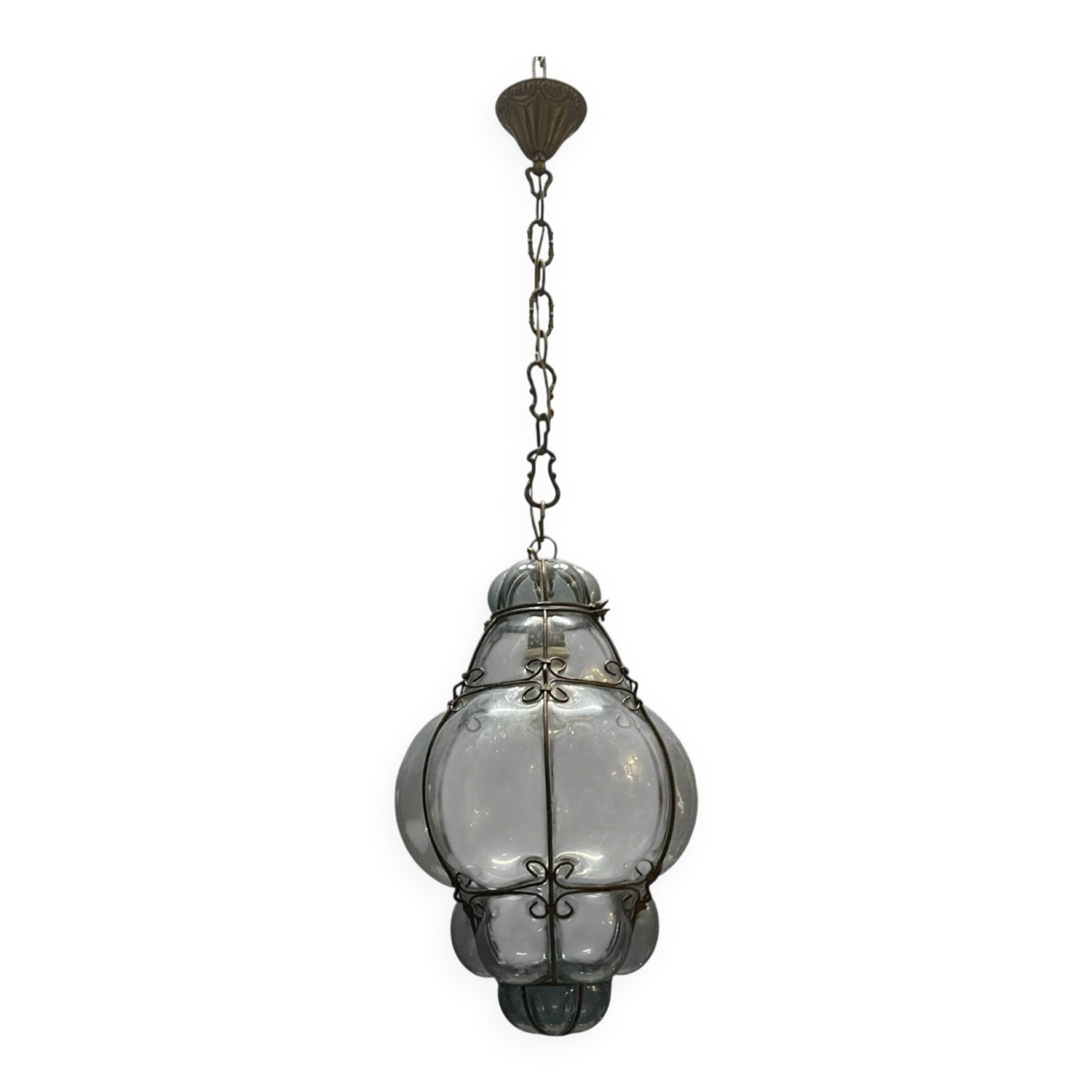 Wrought Iron Tinted Blue Murano Glass Light Pendant 1960’s