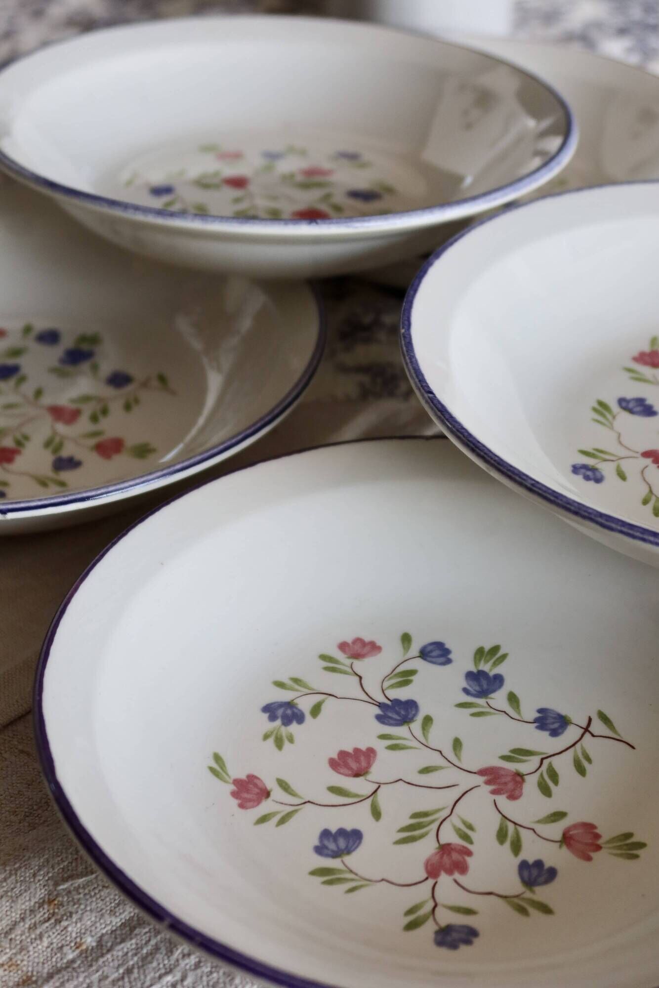 6 vintage porcelain Moulin des Loups soup plates with lilac floral pattern