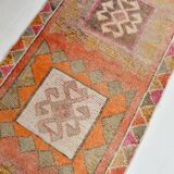 Tapis couloir kilim vintage , Orange, rose et beige boho pastel, 98x332 Cm