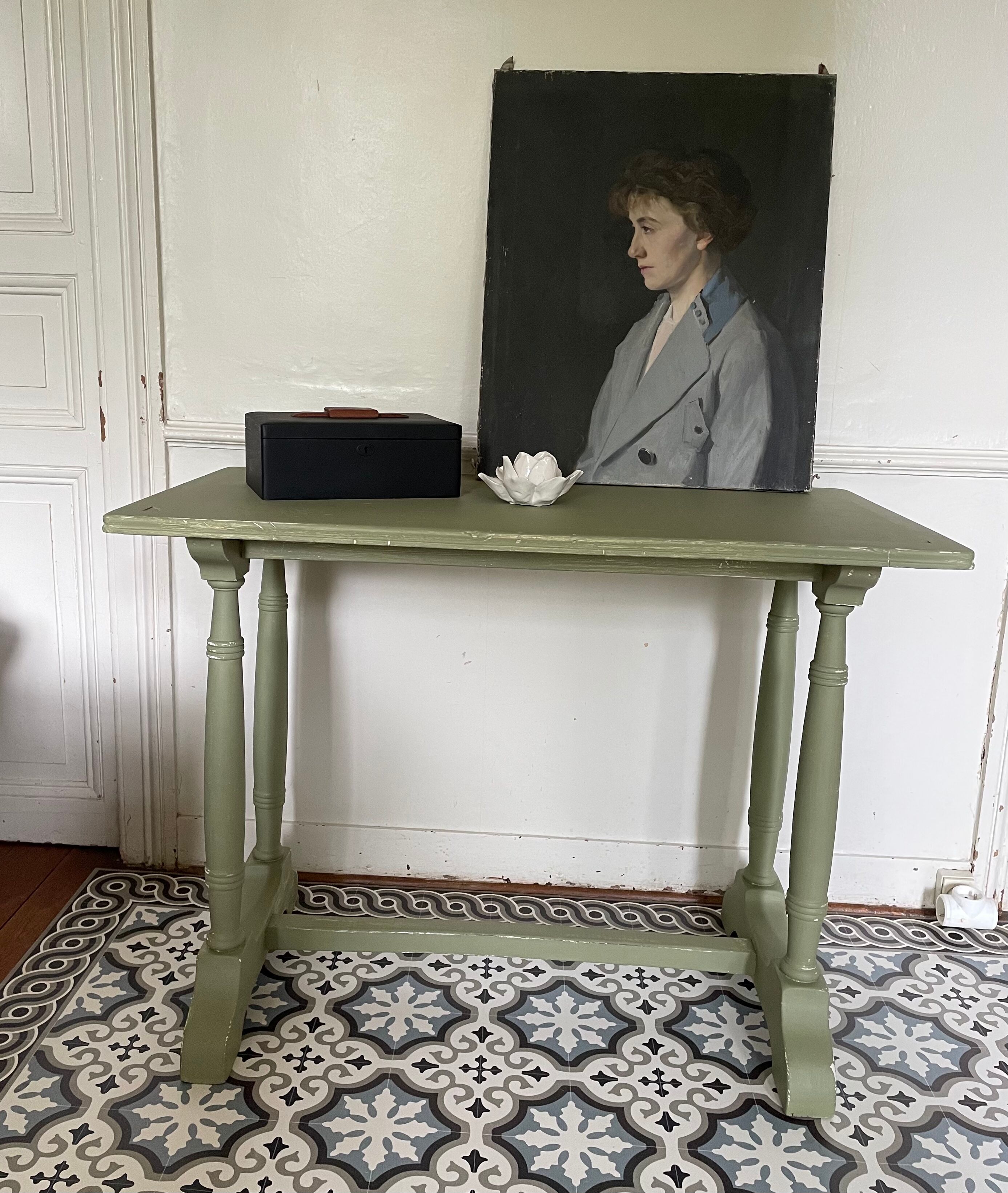 Patinated green baluster table