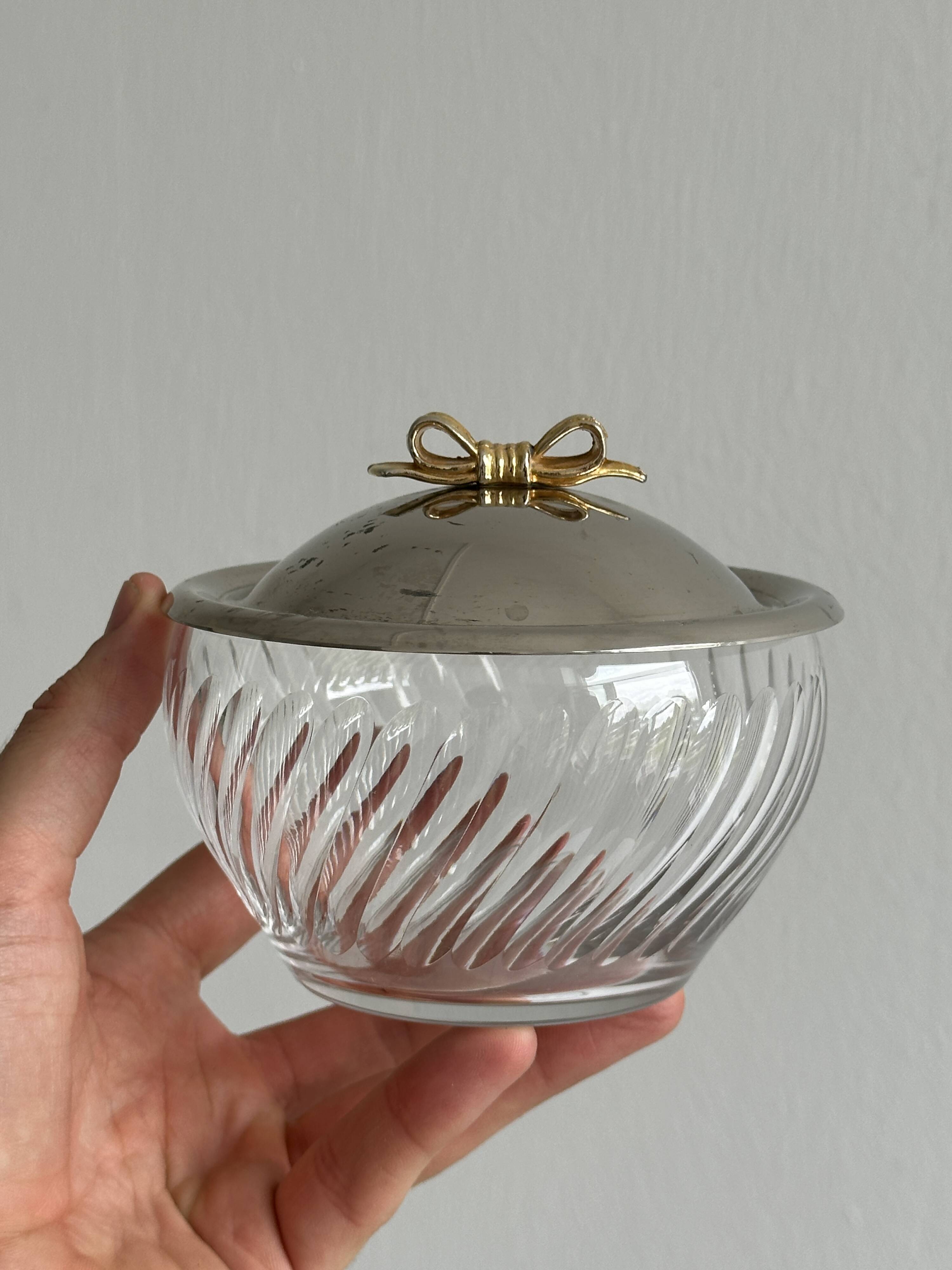 Small glass and metal sugar pot