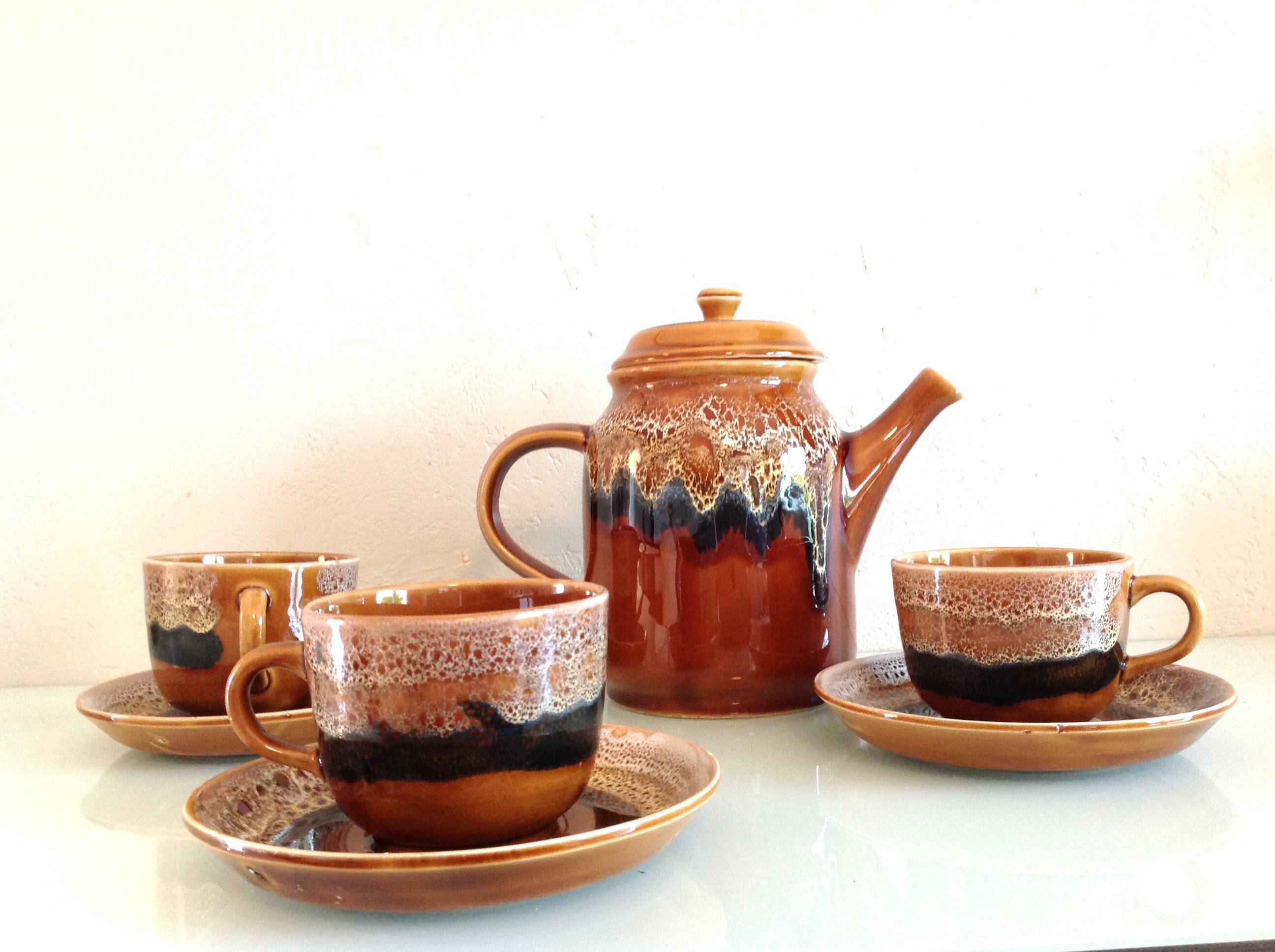 Hawaiian decor coffee service from the Sarreguemines faience factories / vintage 60s-70s
