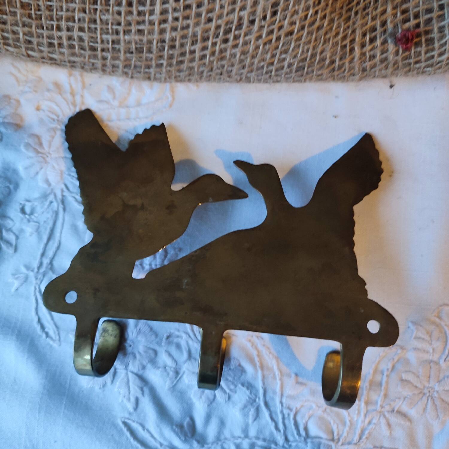 Vintage enamelled metal wall coat rack, duck motif, made in