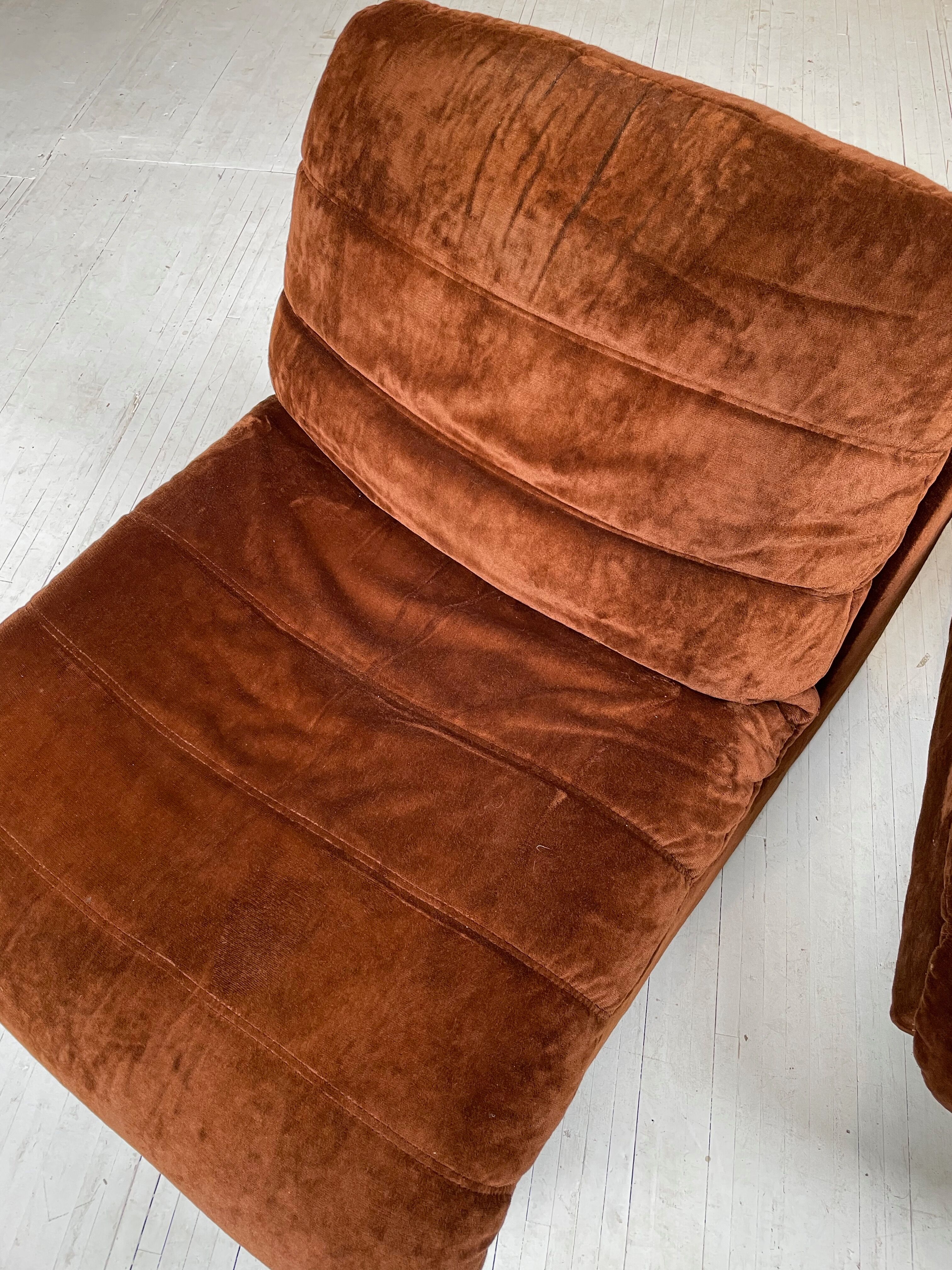 Pair 70s brown velvet armchairs
