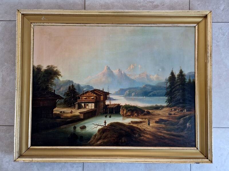 August Achilles (1798-1861) - Oil on canvas - Lakeside landscape in Switzerland