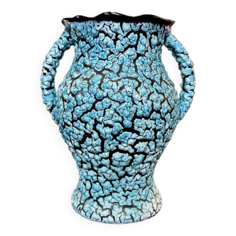 Vallauris Vase in Lava Ceramic - Blue Black - Vintage Decoration 20th Century Design