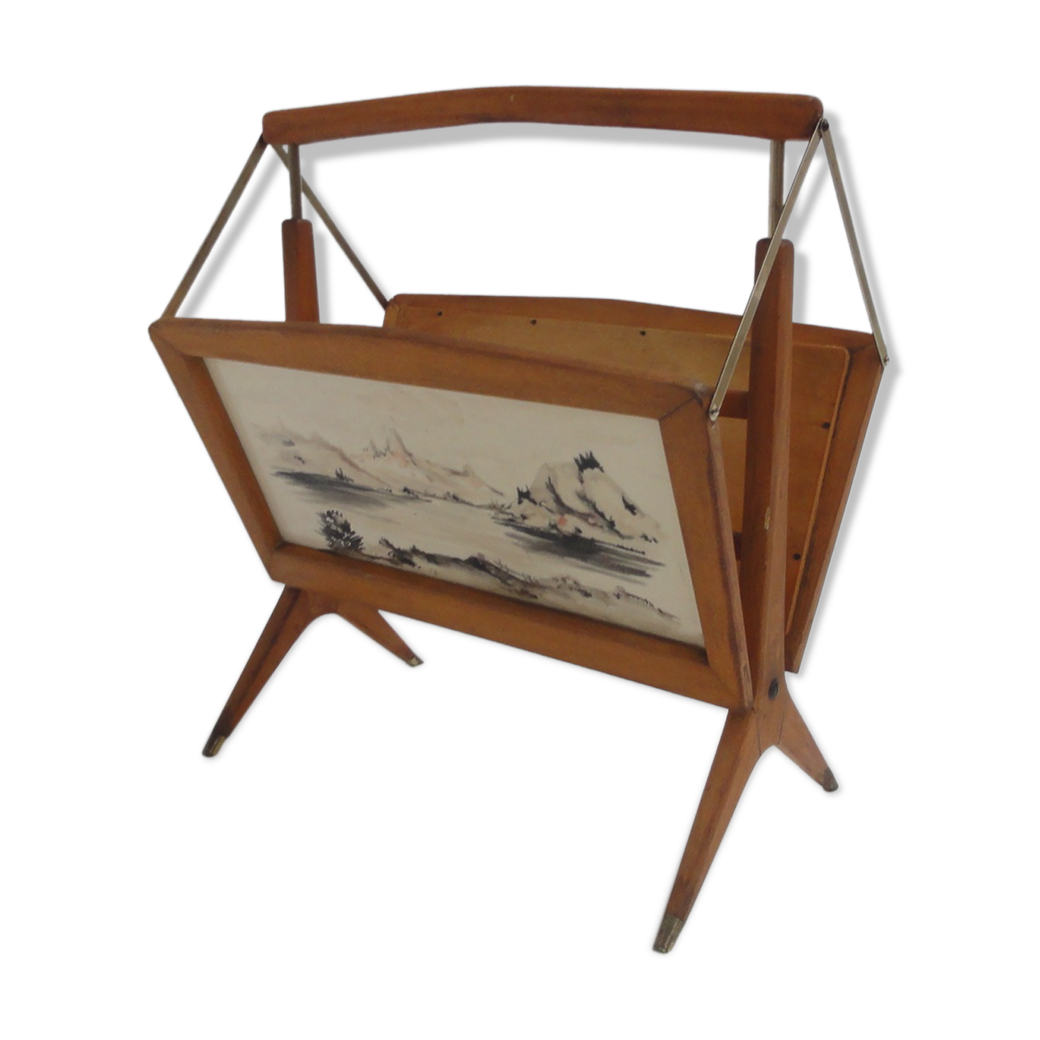 Magazine rack hand painted Birch and brass made in Italy 1950 s