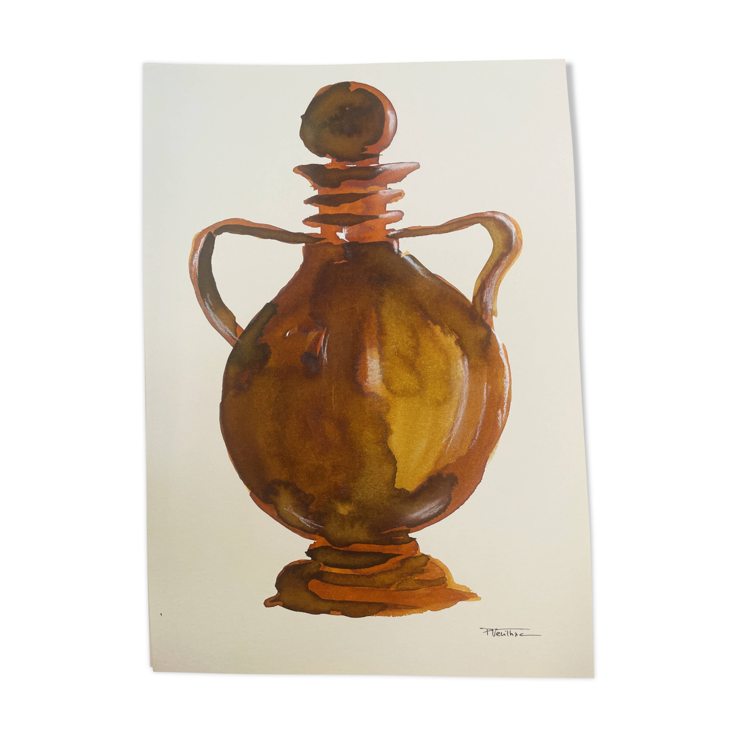 Signed watercolour and ink painting vase Wabi Sabi Fès