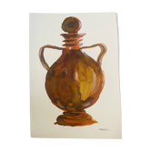 Tableau signé aquarelle et encre vase Wabi Sabi Fès