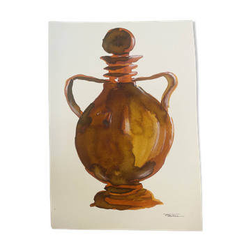 Tableau signé aquarelle et encre vase Wabi Sabi Fès