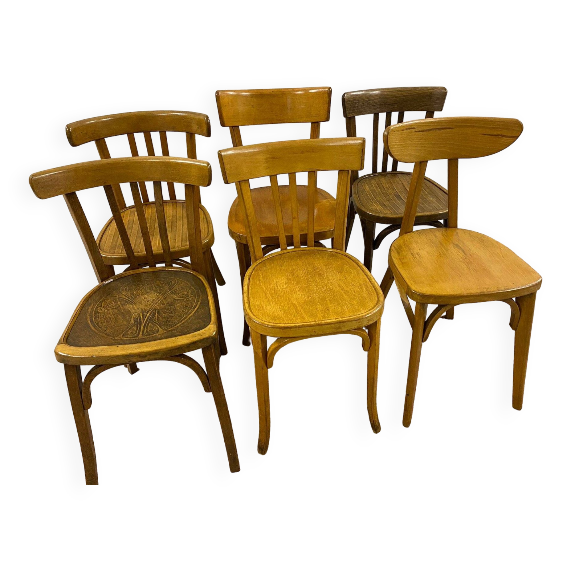 Set of 6 mismatched bistro chairs including Baumann and Luterma chairs