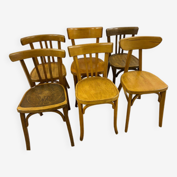 Lot de 6 chaises de bistrot dépareillées dont chaises Baumann et Luterma