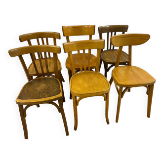 Lot de 6 chaises de bistrot dépareillées dont chaises Baumann et Luterma