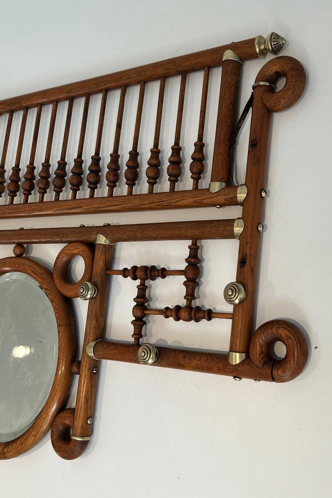 Curved Wooden and Brass Wall Coat Rack, Arts & Crafts, Austria, glass