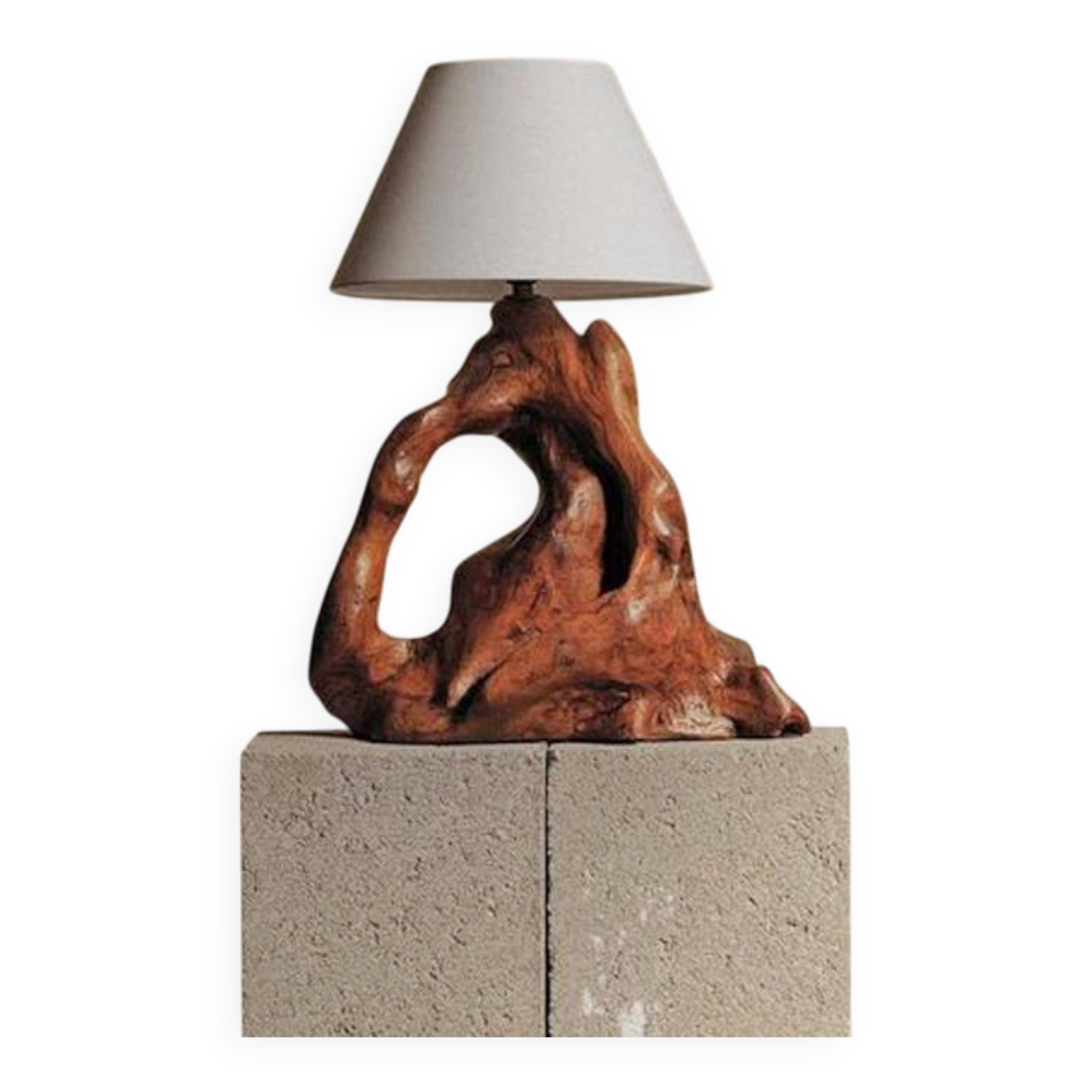 Sculptural lamp made of olive wood, around 1960.