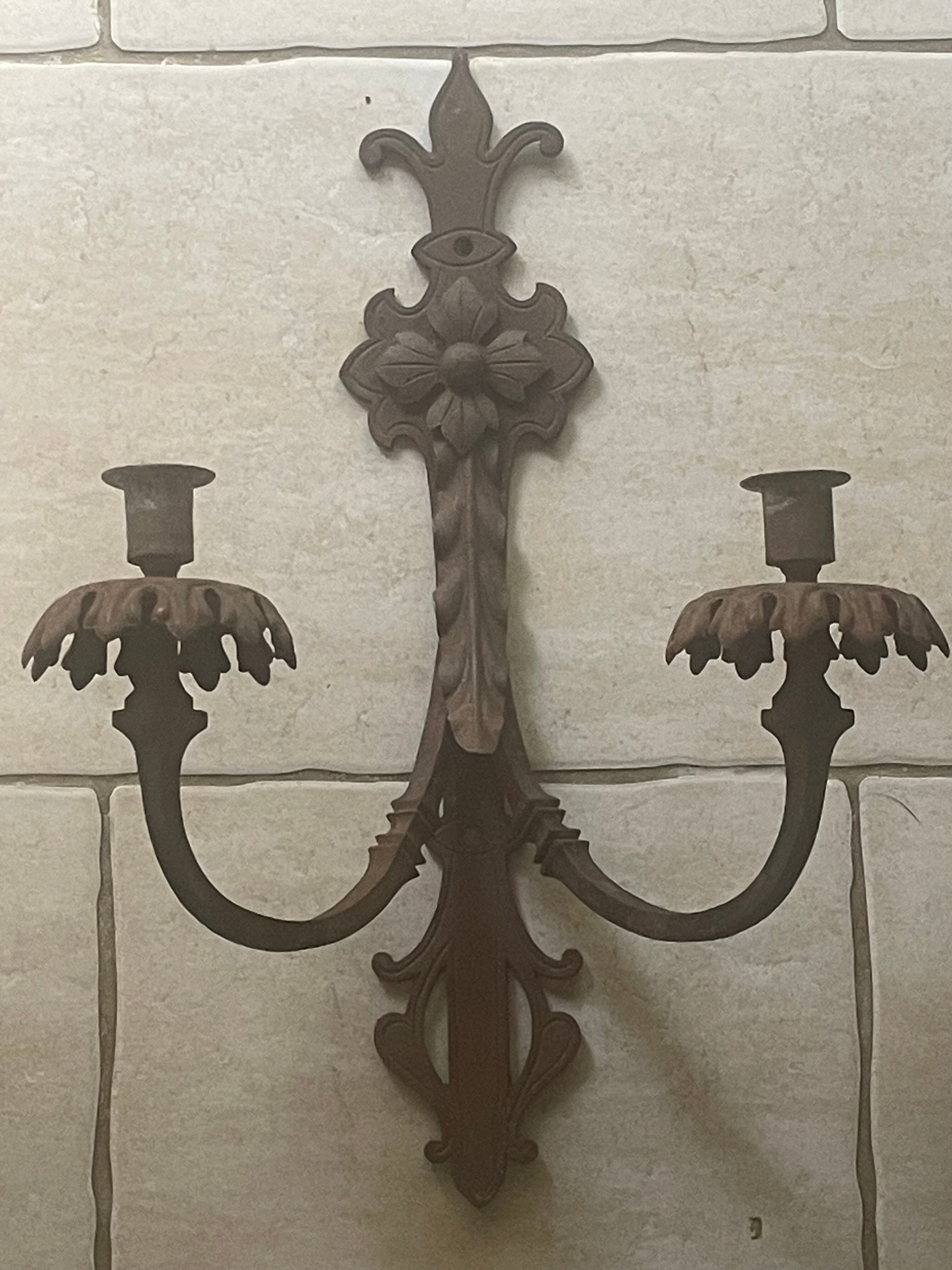 Large pair of non-electrified medieval style candle sconces rusty iron