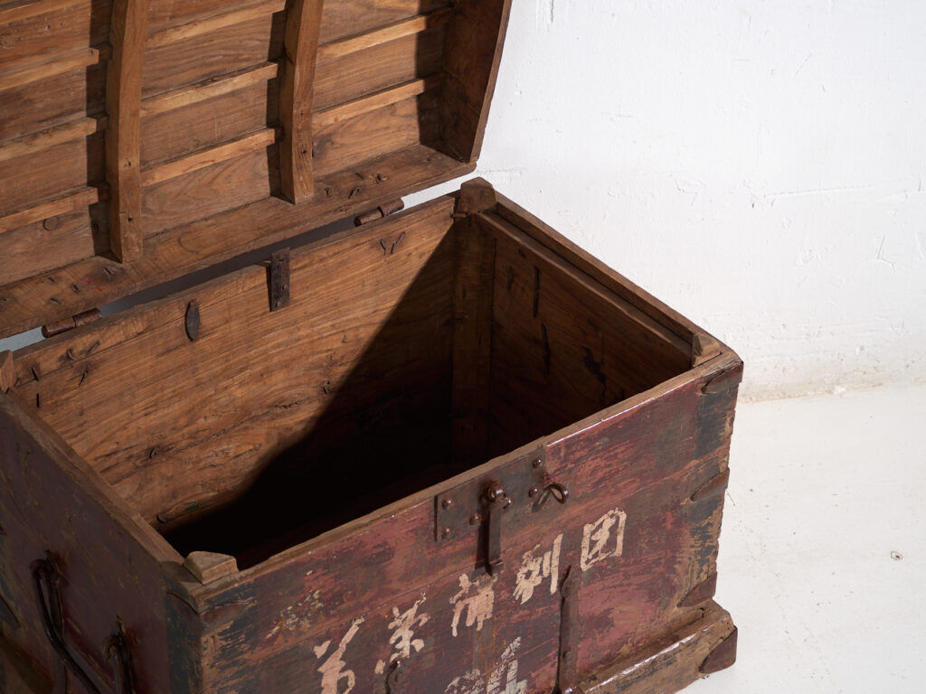 Antique iron-reinforced pine wood chest – China, circa 1900