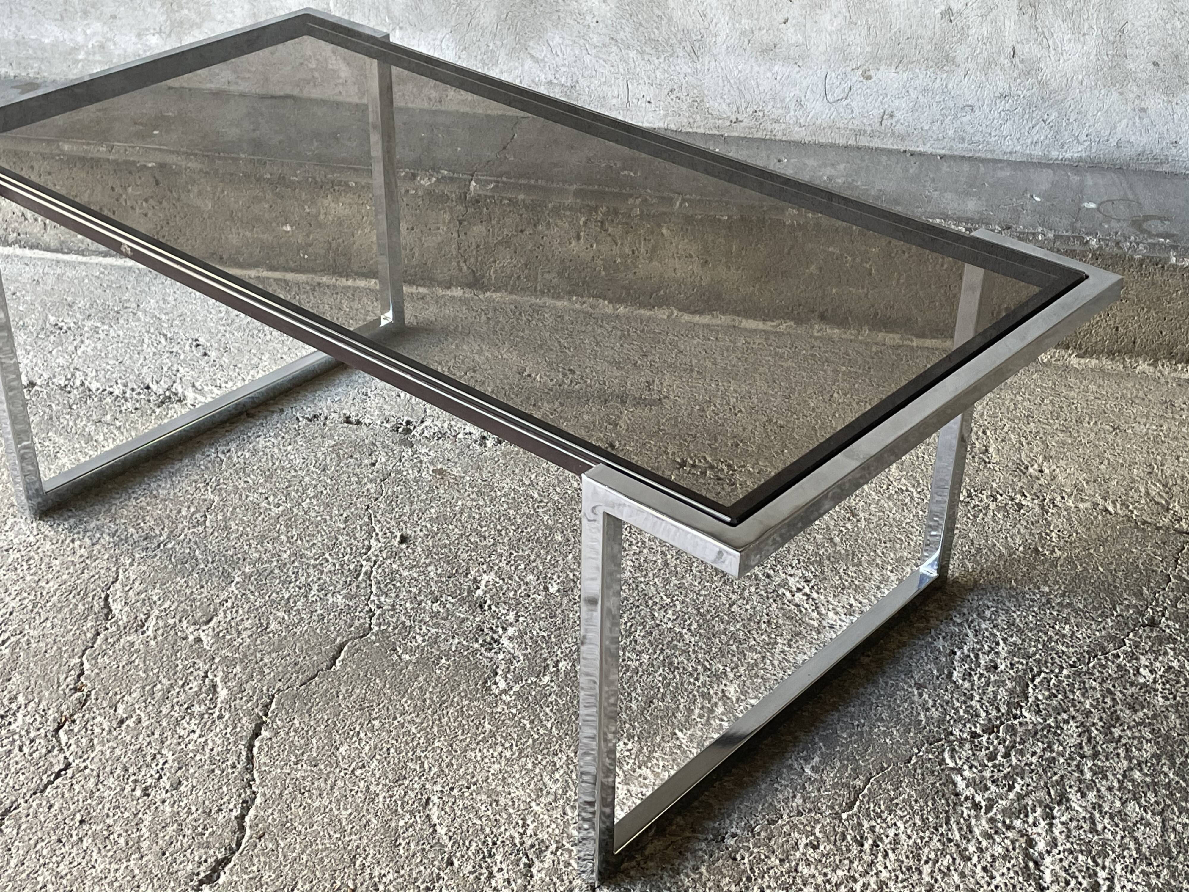 Coffee table in chromed metal and smoked glass, 1970s