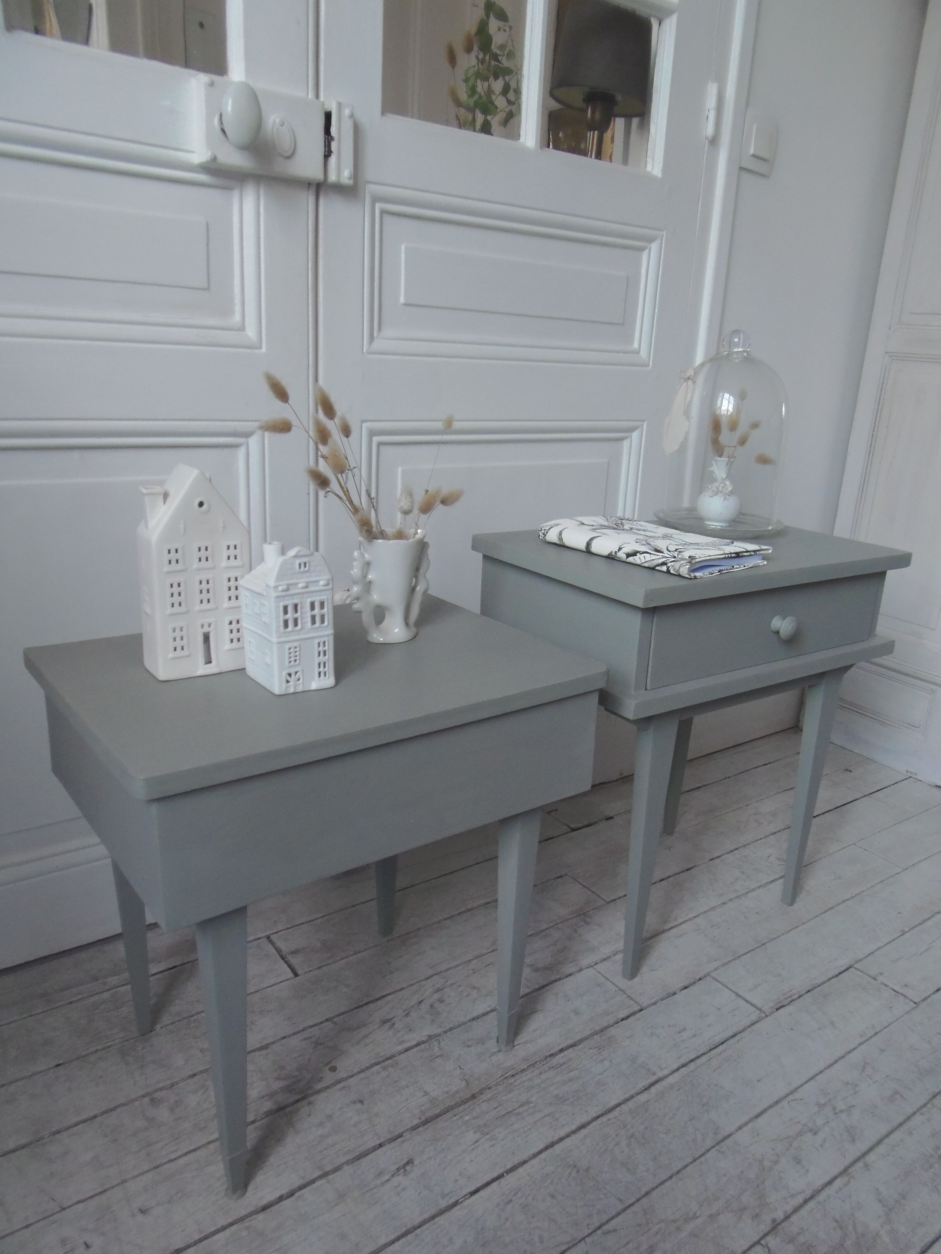 Duo of bedside tables, mismatched vintage sofa ends green of gray