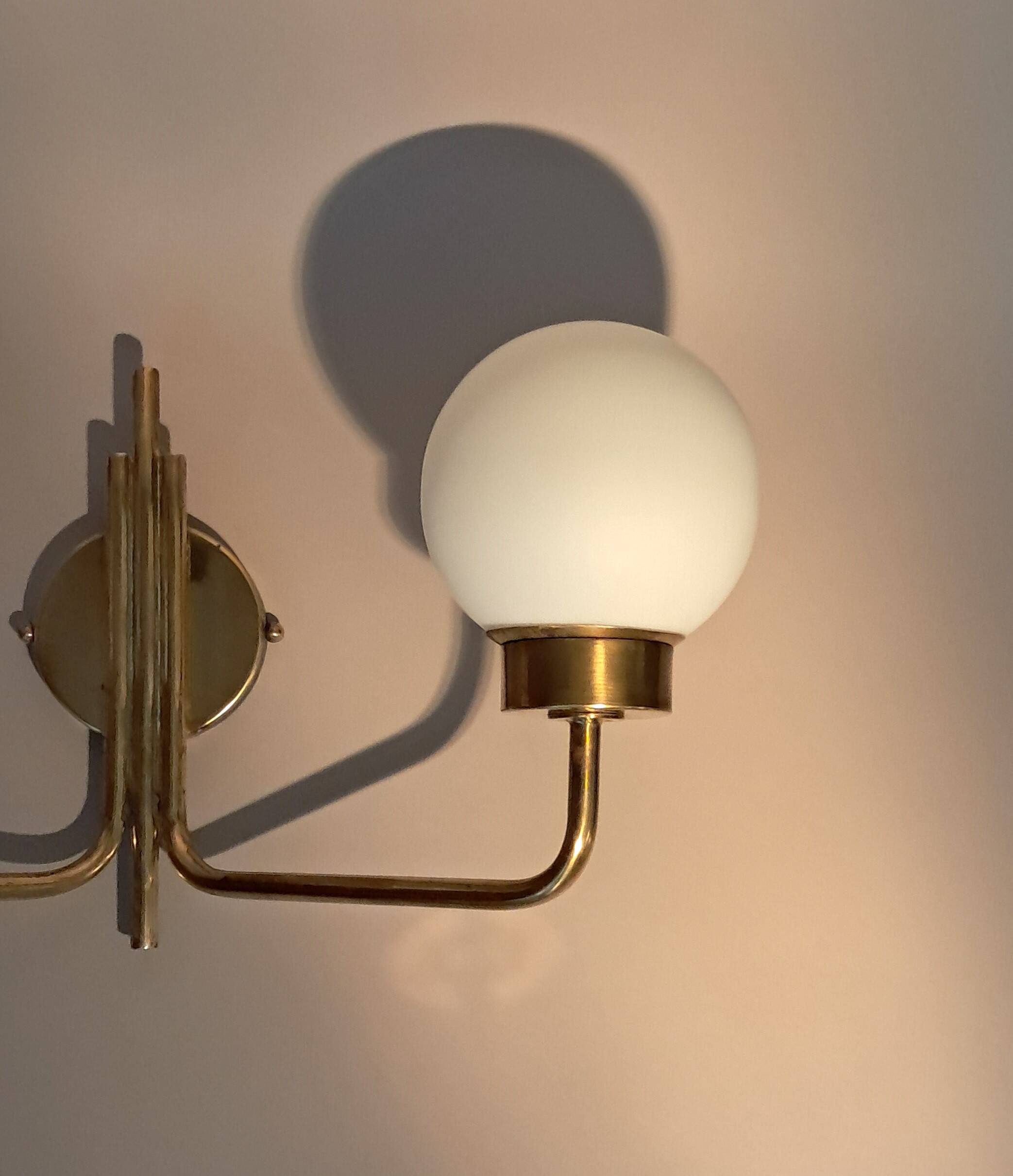 Brass and opaline two-light wall lamp, 1960