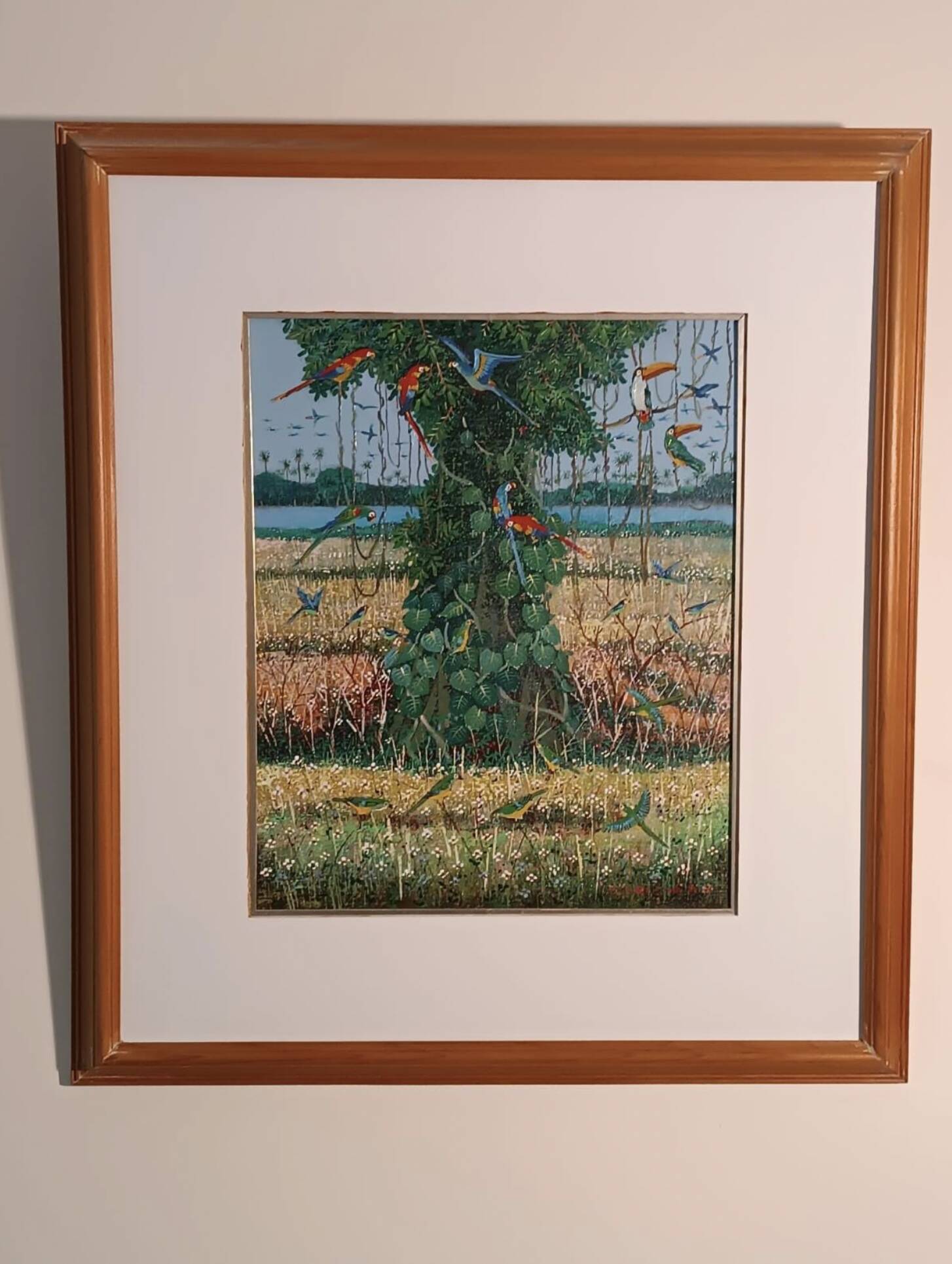 Landscape and exotic birds, signed Iwao Nakajima.