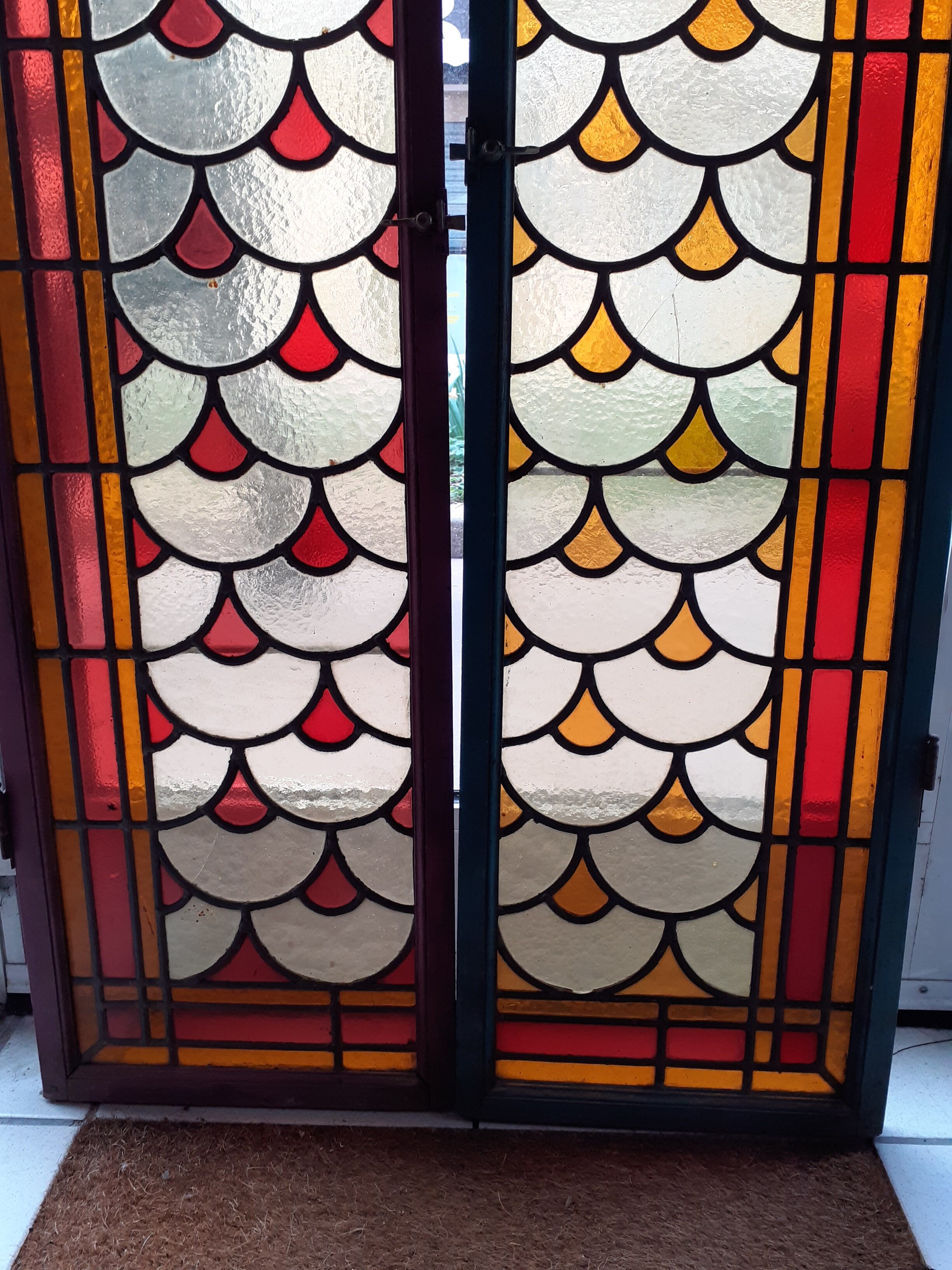 2 painted oak doors, stained glass interior