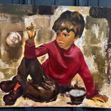 Oil on cardboard by A. Pon child blowing a bubble 1960