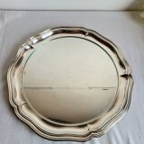 Round silver-plated serving dish with a glass base.