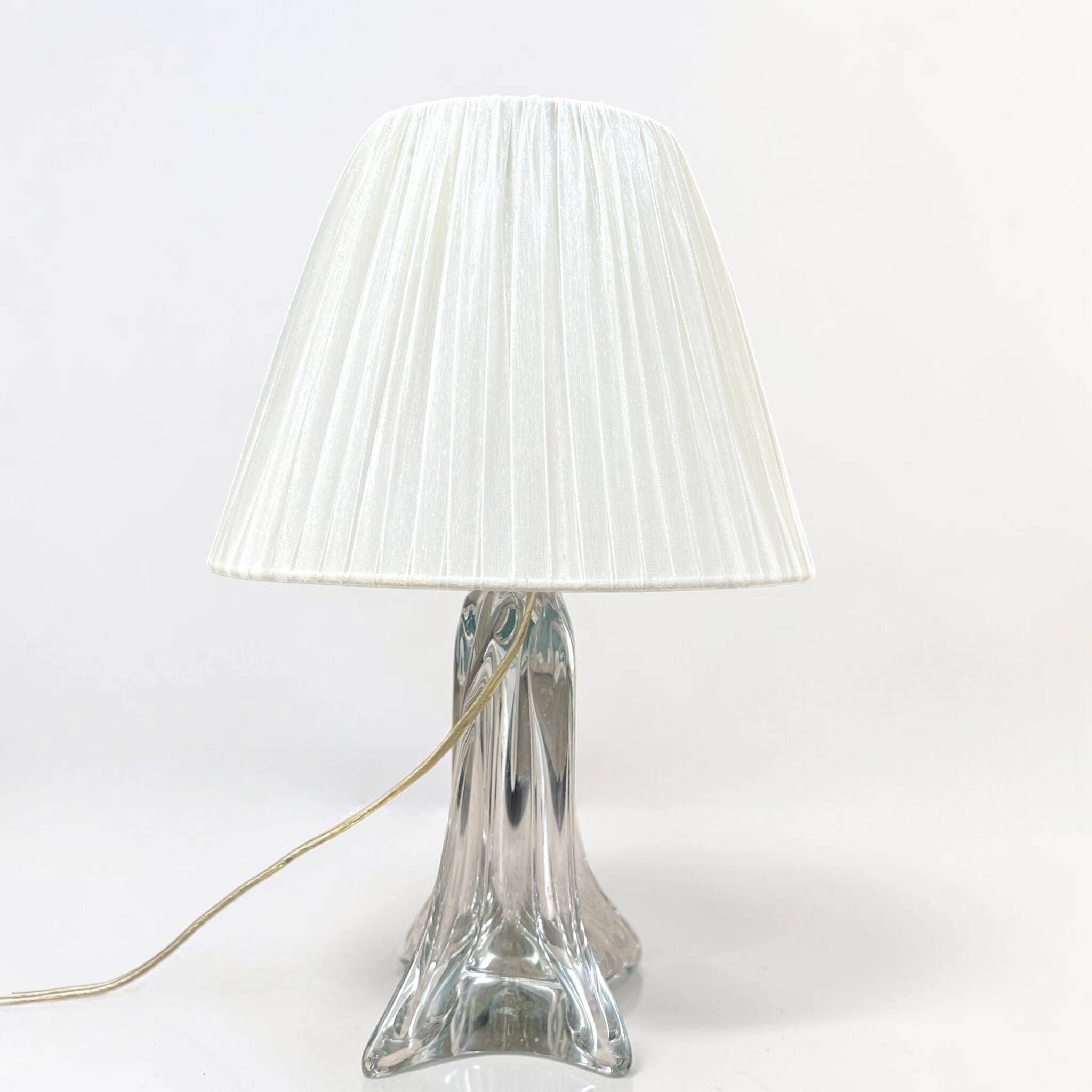 vintage crystal lamp base from the 1960s with a white ribbon shade