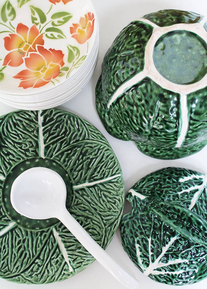 Soup tureen and green cabbage plate