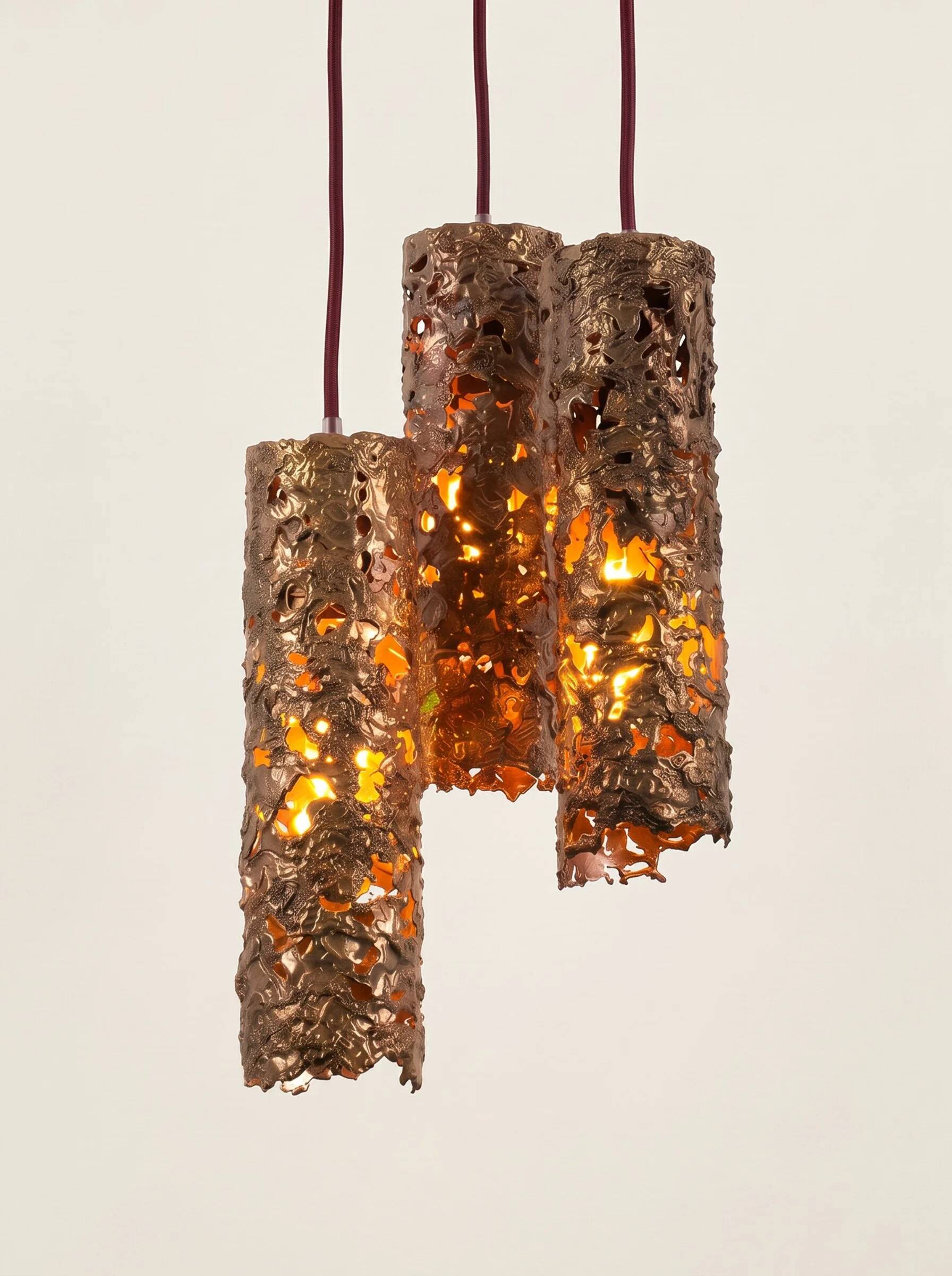 Suspension composed of 3 brutalist copper lamps by Aimo Tukiainen, 1960s.