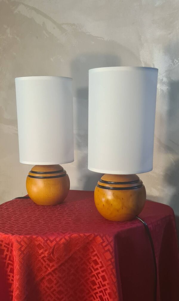 Paire de lampe boule bois  vintage chevet style scandinave 32 X 14 tres bon