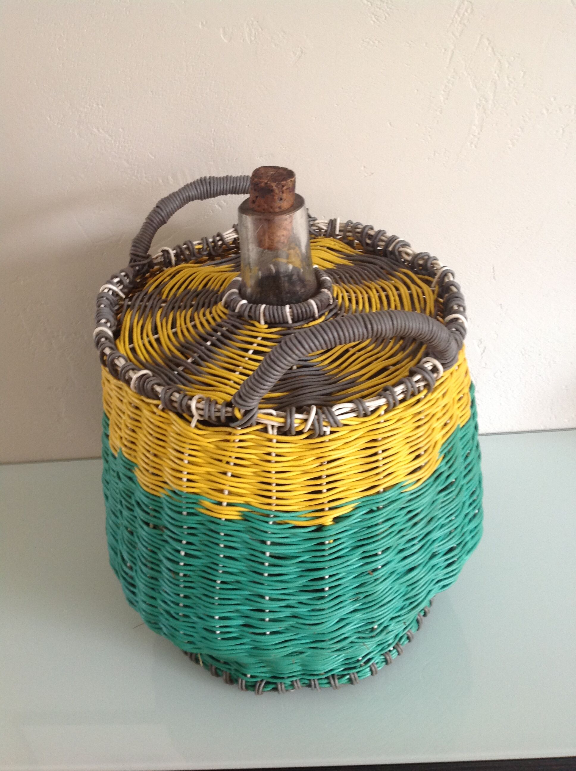 Vintage clothing colorful Wicker bottle green yellow and gray