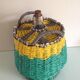 Vintage clothing colorful Wicker bottle green yellow and gray