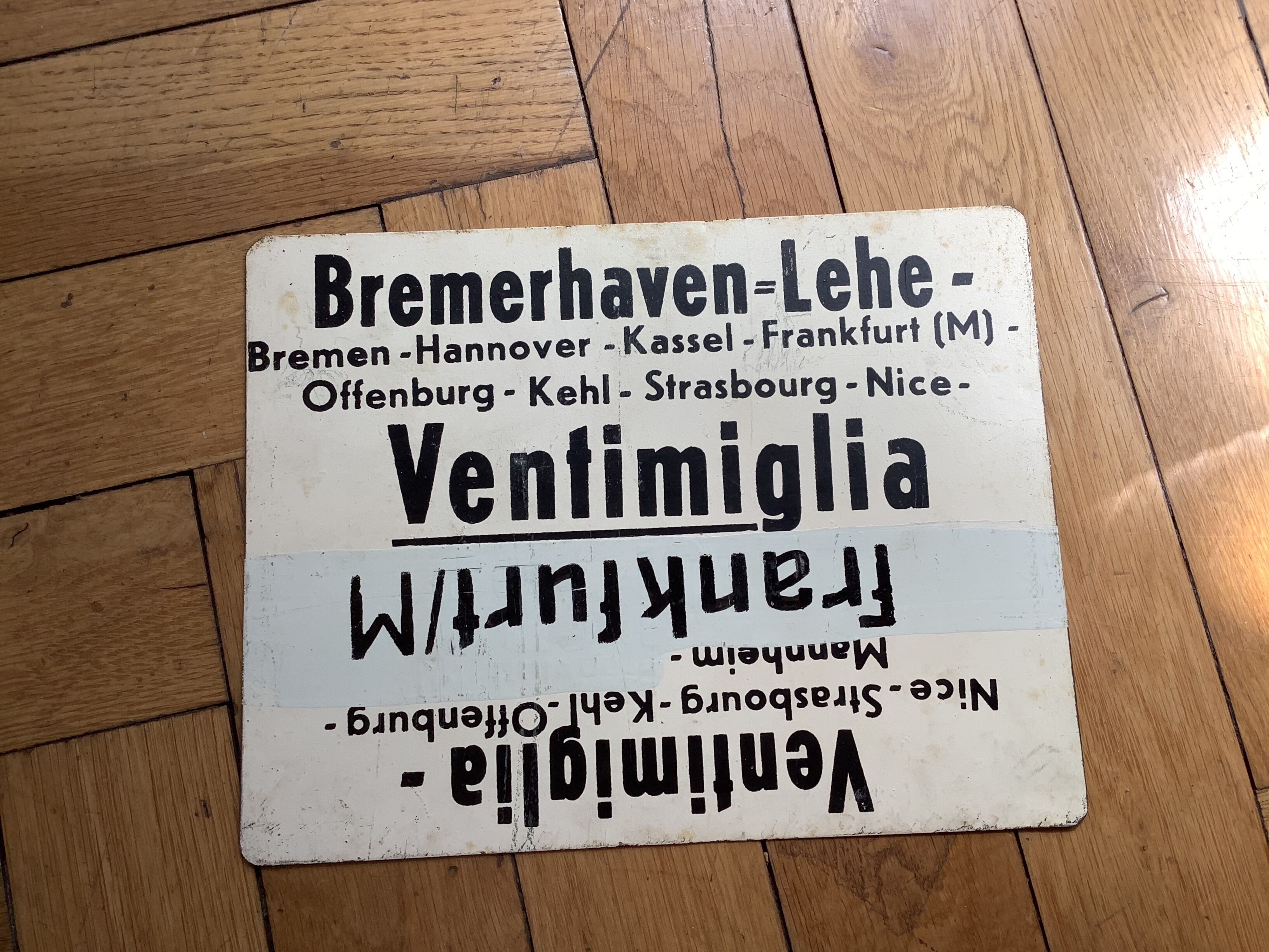 Vintage SNCF painted metal plate double, back / line:Ventimiglia / Frankfurt