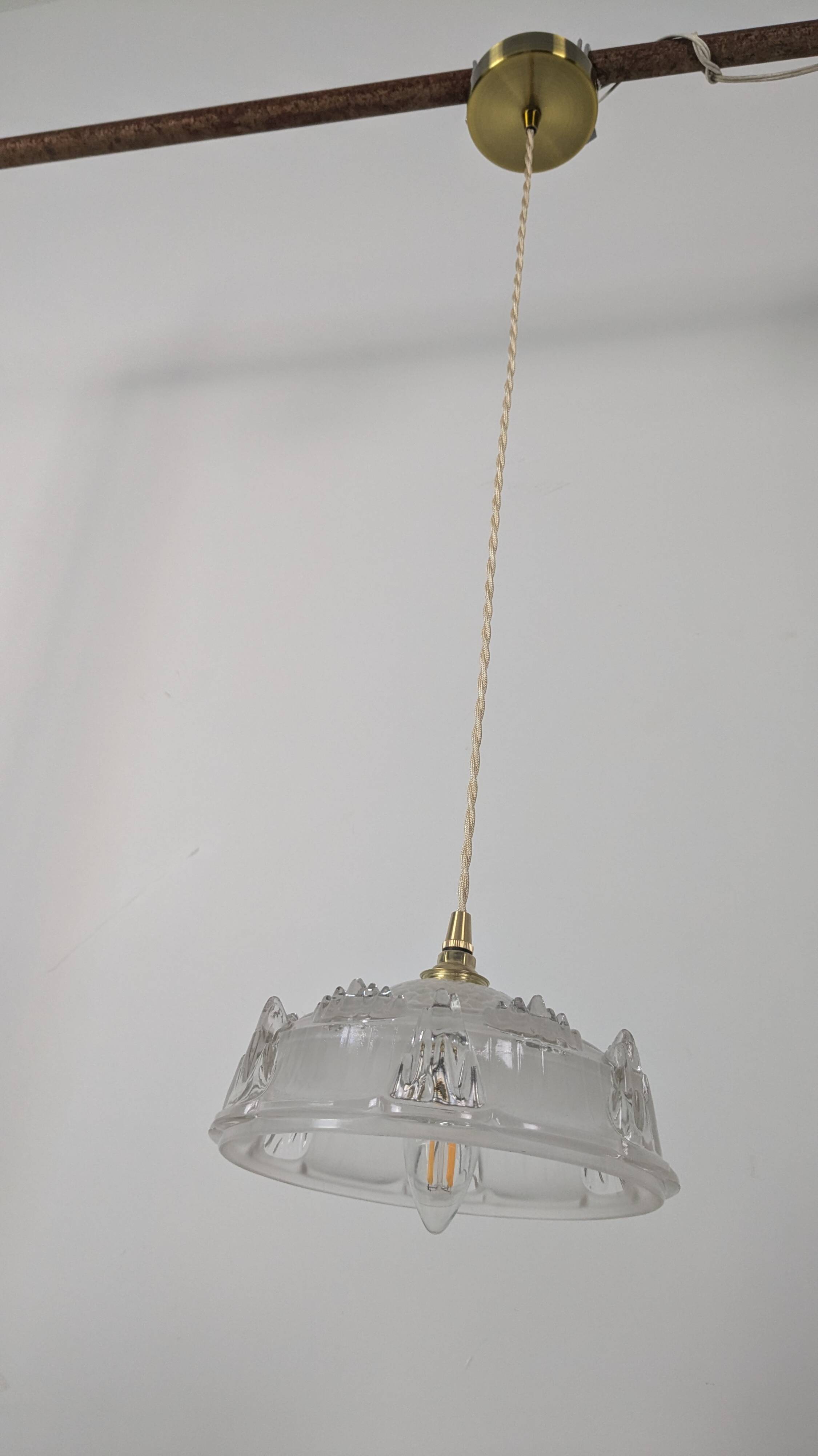Vintage pendant light in molded glass and brass