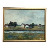 Huile sur toile originale suédoise – « Village » par H. Taukway – Signée – Vintage et encadrée – 46 × 36 cm (18,1" × 14,2")