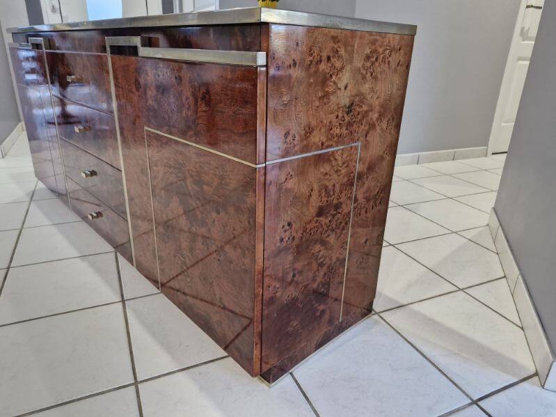 Vintage elm burl and chrome sideboard from the 1970s.