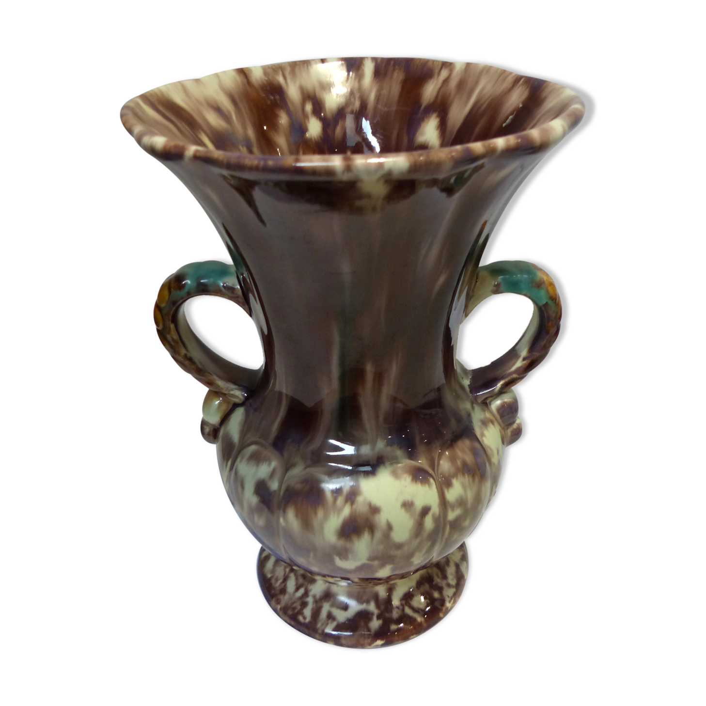 Vintage antique ceramic vase marbled brown white